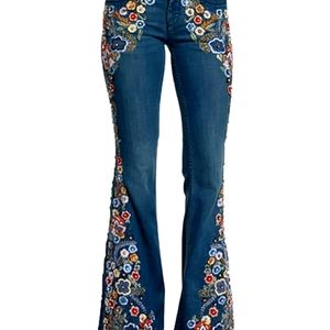 Women's Embroidered Bell Bottom Jeans Stretch Butt Lifting Vintage Washed Jeans